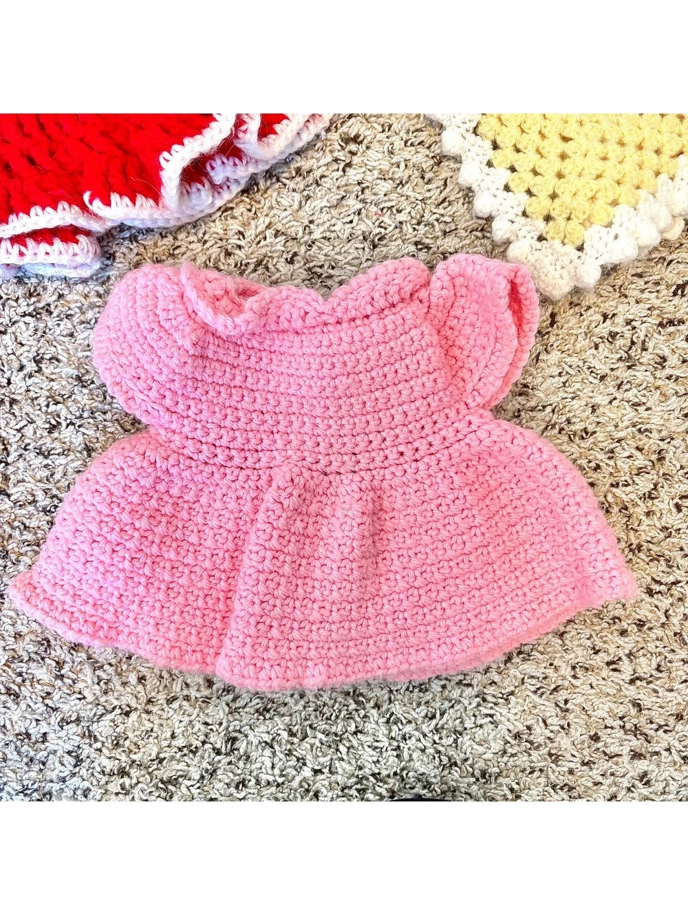 Vintage Handmade Crochet Doll Clothes Lot – Dresses, Hats & Granny Square Shawls